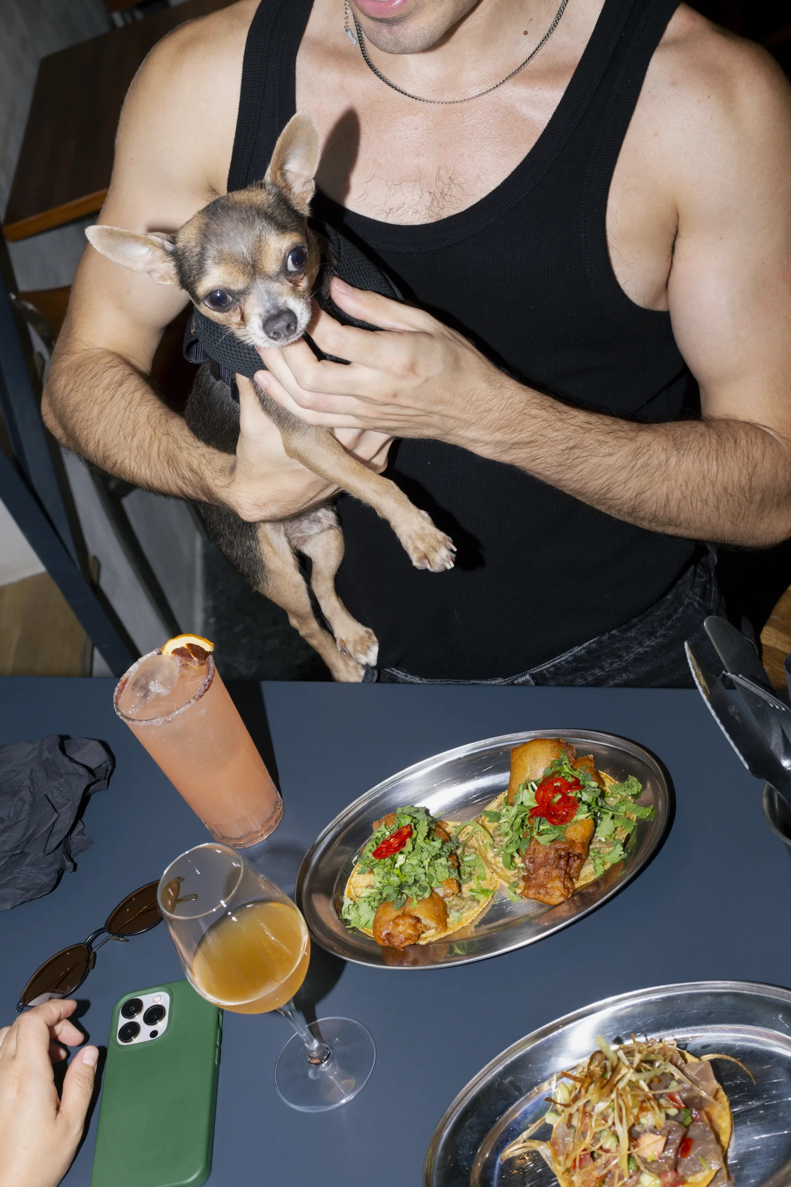 Cliente en la mesa con un chihuahua